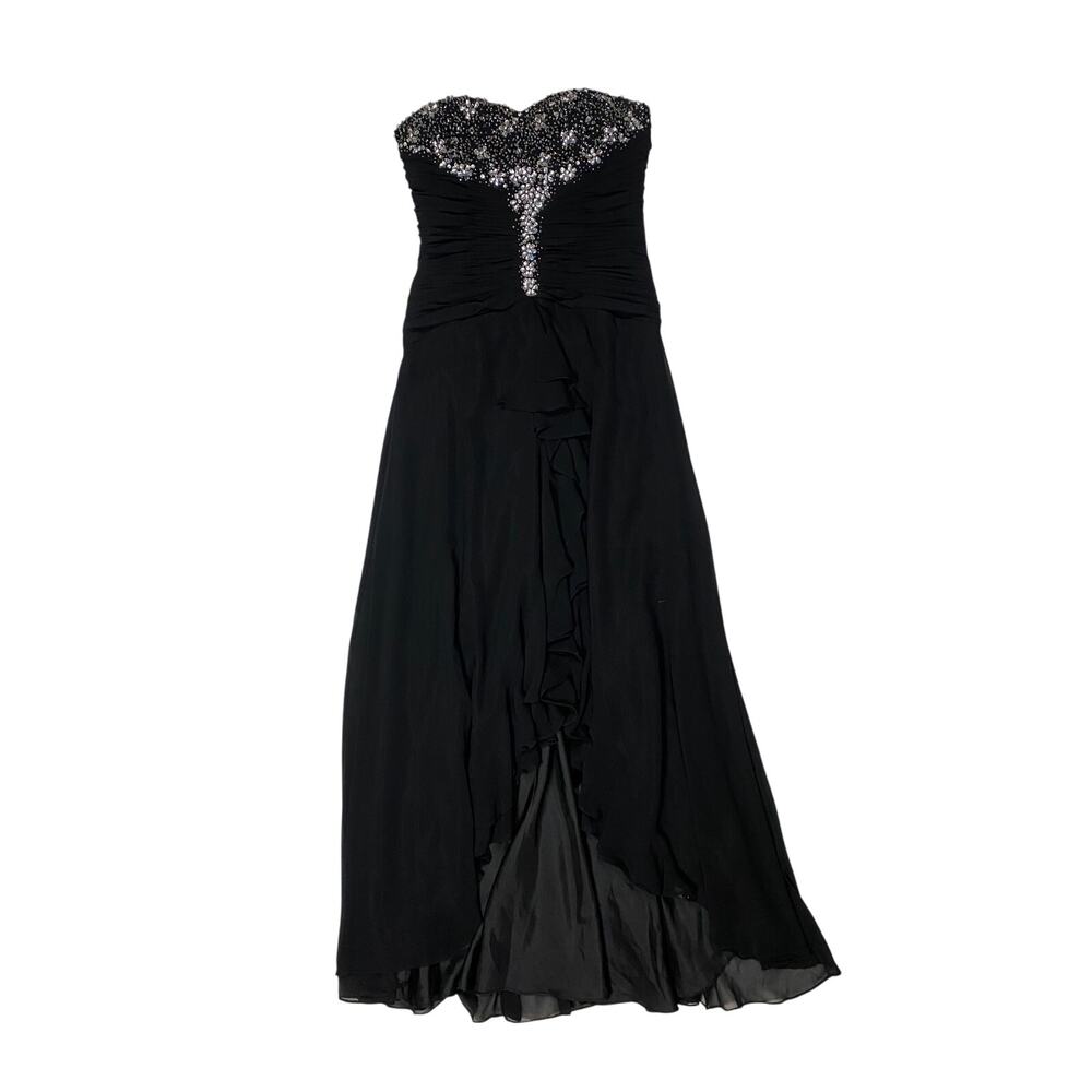 Camille La Vie Black Strapless Ruffle Gown with Beaded Bodice